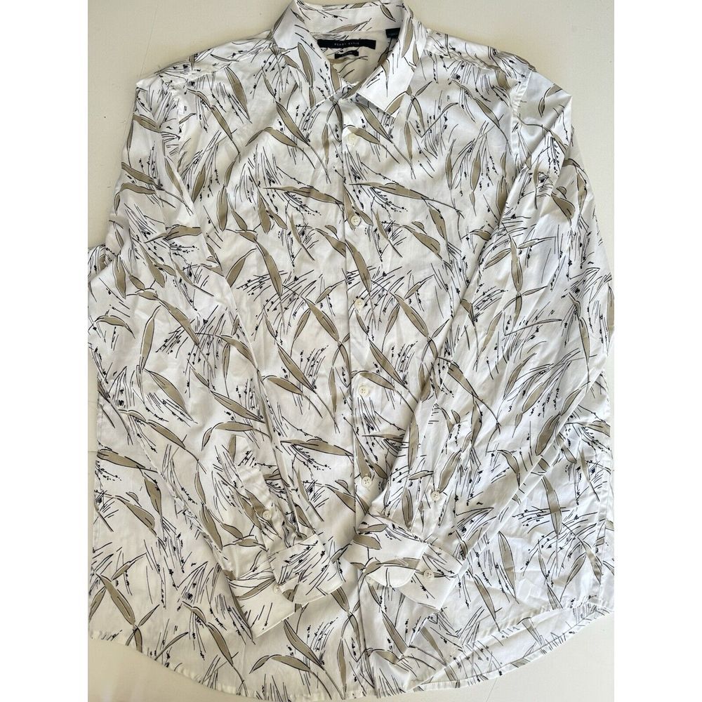 Perry Ellis Stretch Shirt Long Sleeve medium M hidden buttons floral‎ White Tan